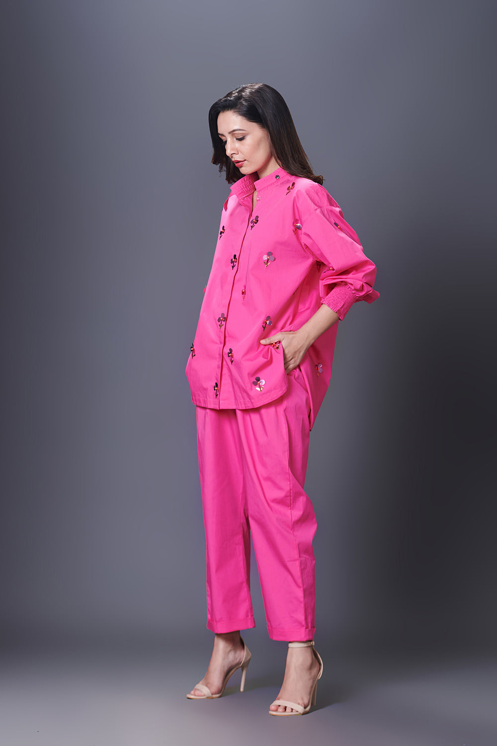 Pink Hand Embroidered Shirt With Pants Co-Ord Set - Auraya Fashion -  - #tag1# - #tag2# - #tag3# - #tag3#