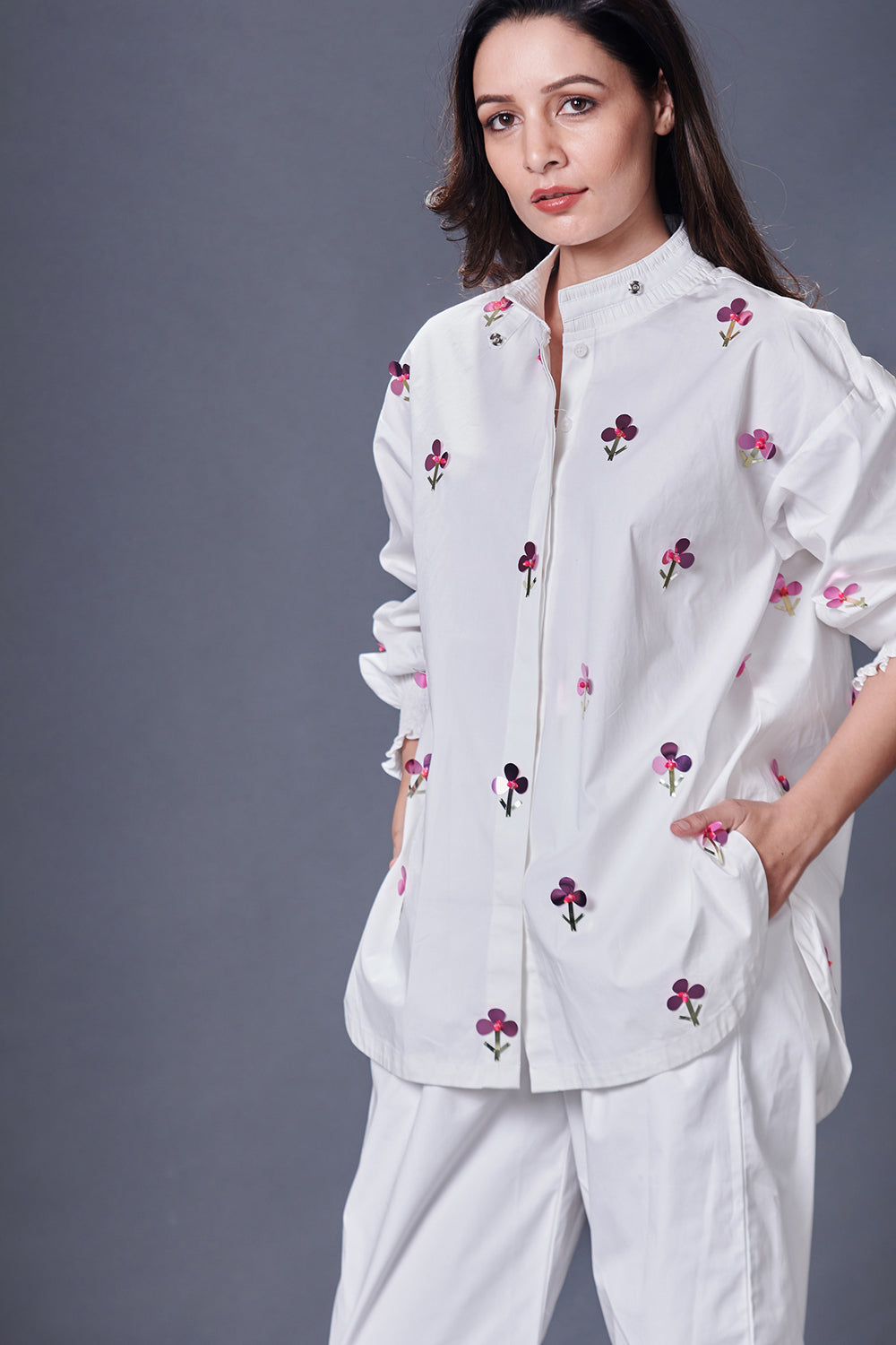 White Hand Embroidered Shirt With Pants Co-Ord Set