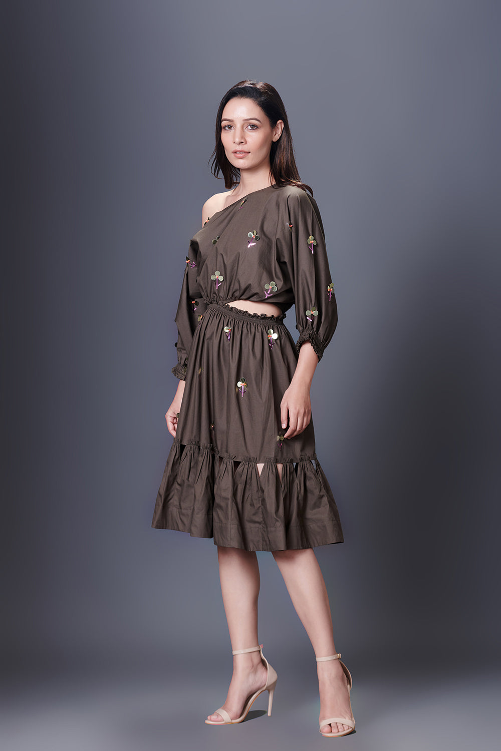 Olive Green Hand Embroidered Off-Shoulder Side Cutout Dress - Auraya Fashion -  - #tag1# - #tag2# - #tag3# - #tag3#