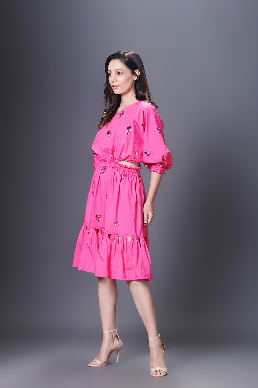 Pink Hand Embroidered Off-Shoulder Side Cutout Dress - Auraya Fashion -  - #tag1# - #tag2# - #tag3# - #tag3#