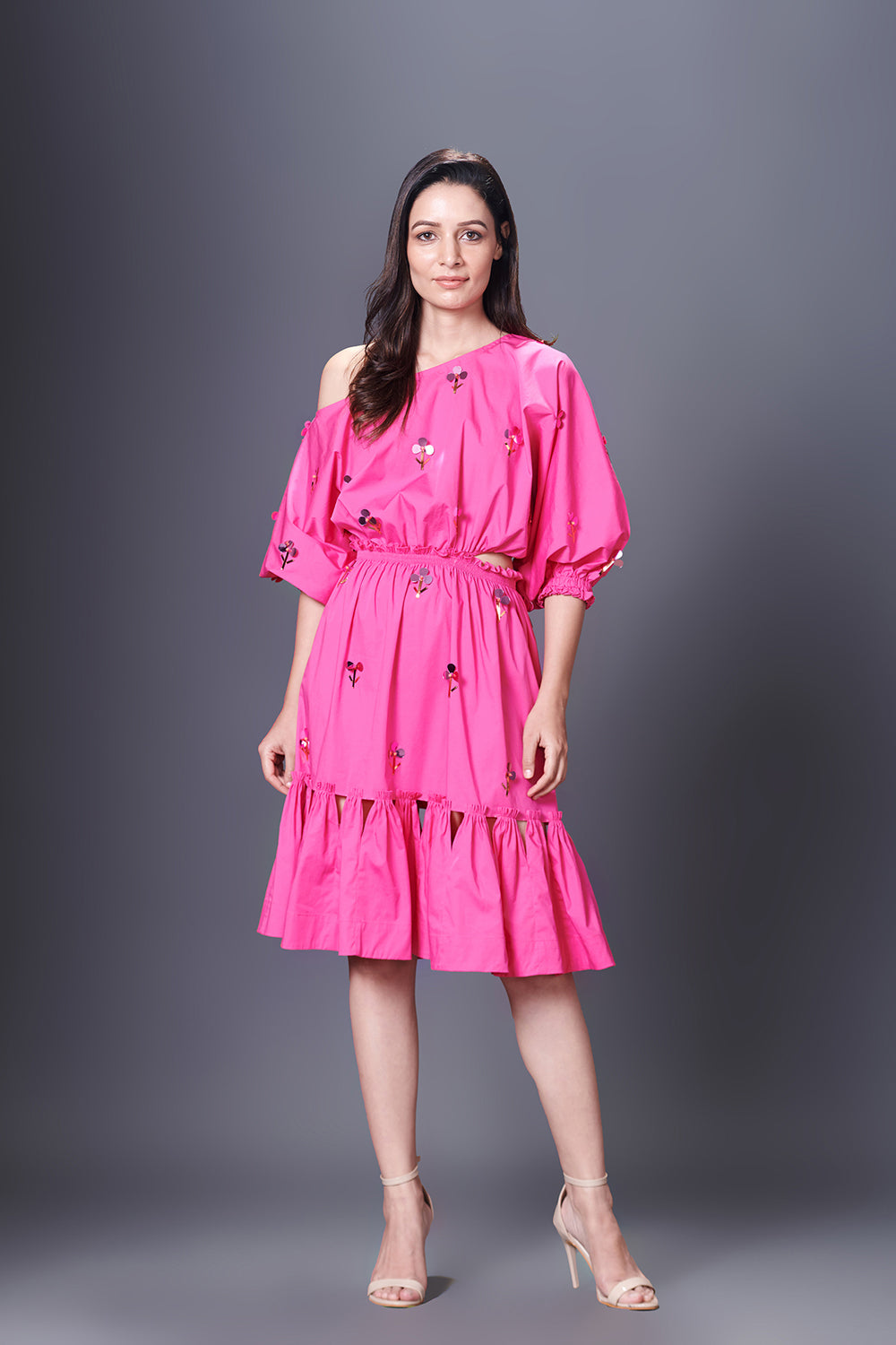 Pink Hand Embroidered Off-Shoulder Side Cutout Dress - Auraya Fashion -  - #tag1# - #tag2# - #tag3# - #tag3#