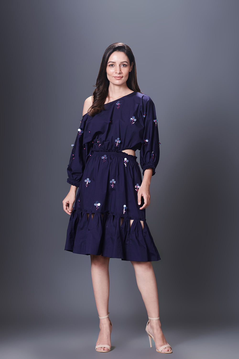 Purple Hand Embroidered Off-Shoulder Side Cutout Dress - Auraya Fashion - Deepika Arora - #tag1# - #tag2# - #tag3# - #tag3#