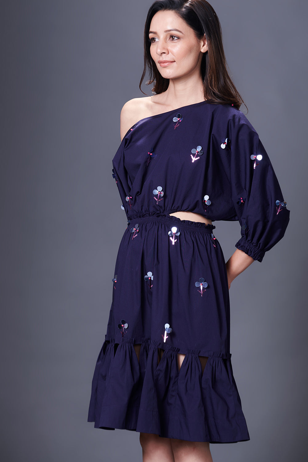 Purple Hand Embroidered Off-Shoulder Side Cutout Dress - Auraya Fashion -  - #tag1# - #tag2# - #tag3# - #tag3#