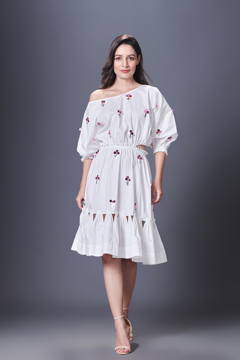 White Hand Embroidered Off-Shoulder Side Cutout Dress