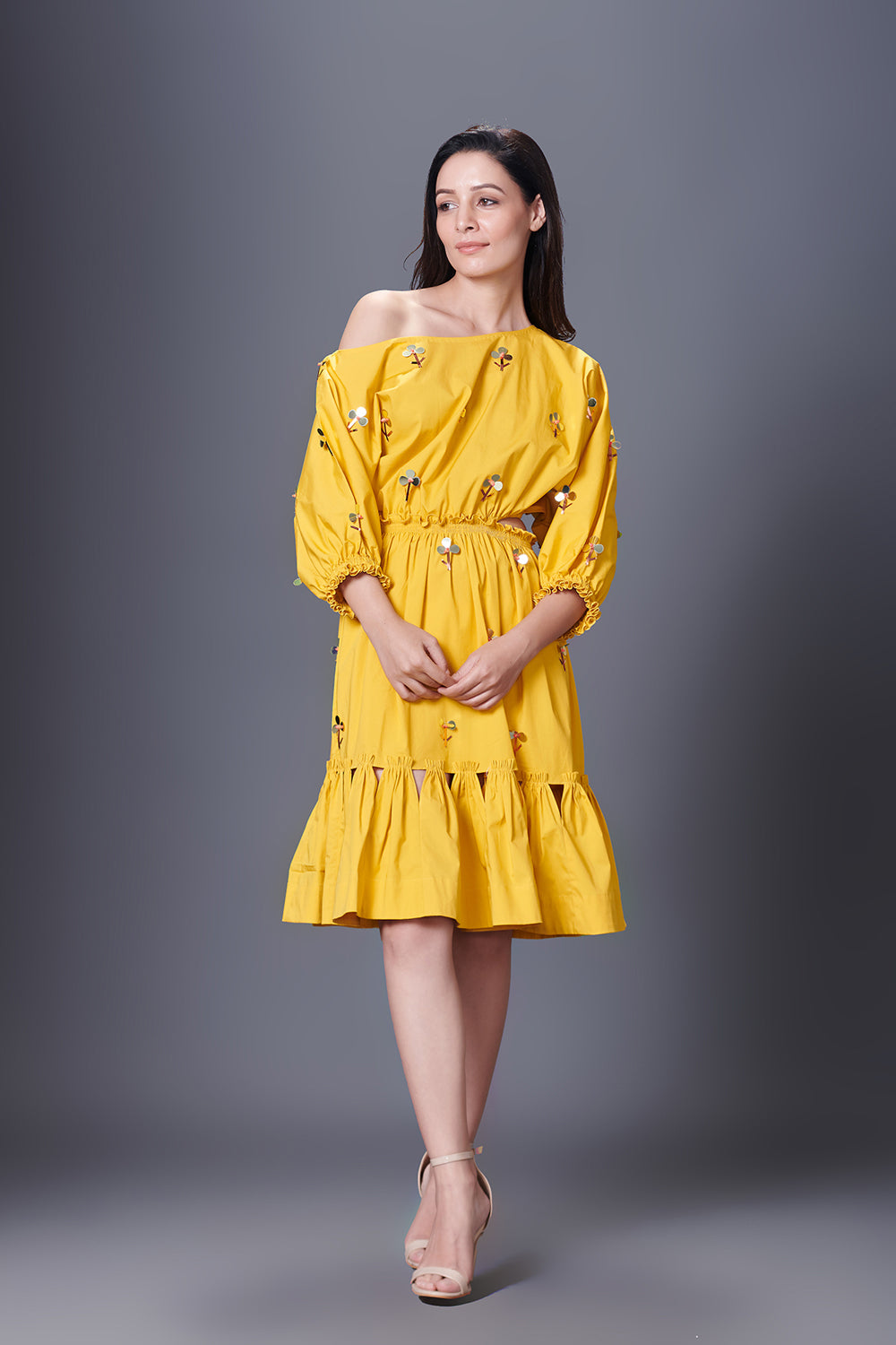 Yellow Hand Embroidered Off-Shoulder Side Cutout Dress