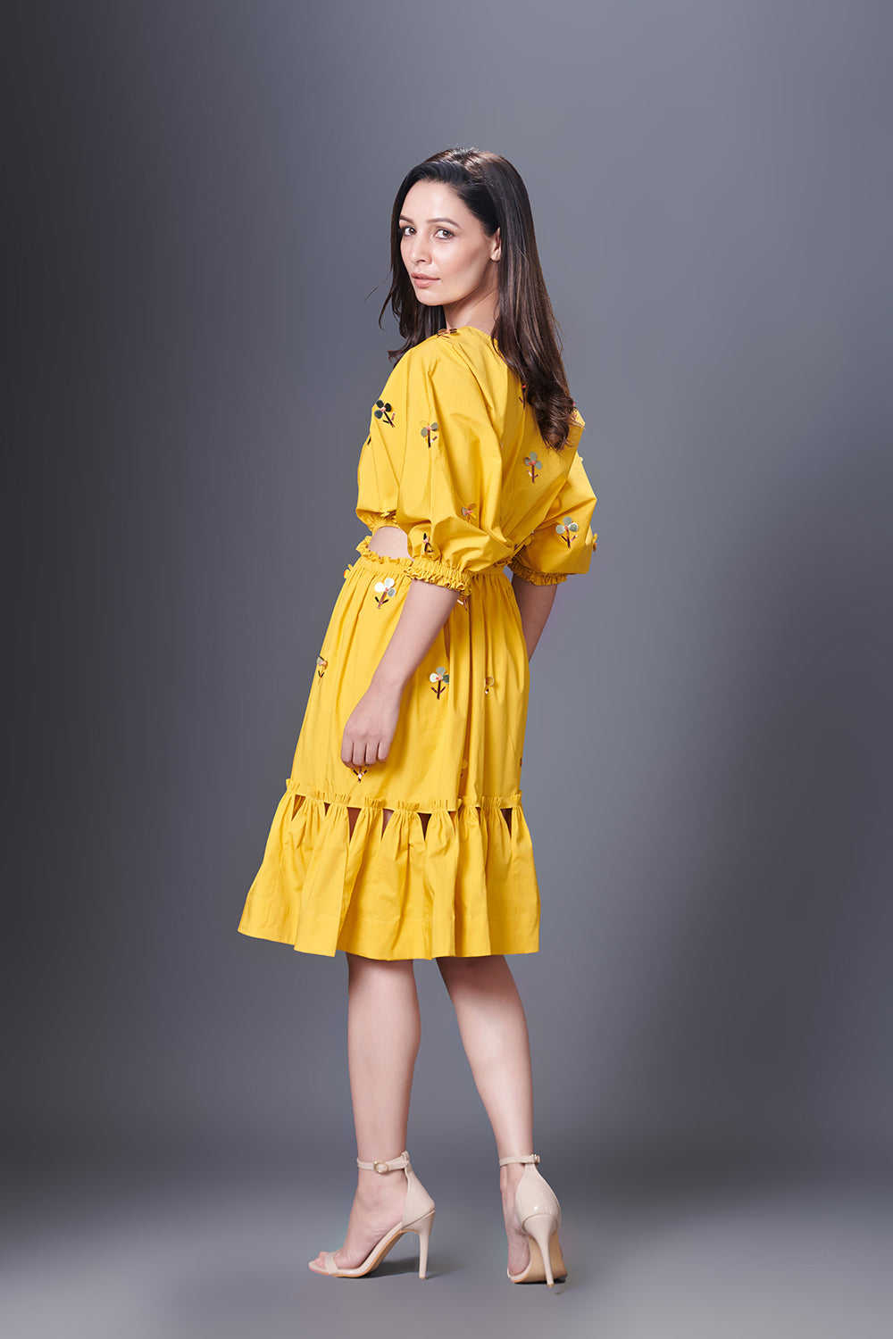 Yellow Hand Embroidered Off-Shoulder Side Cutout Dress