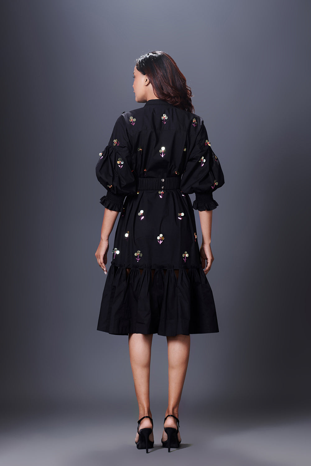 Black Hand Embroidered Chinese Collar Puffed Sleeve Dress - Auraya Fashion -  - #tag1# - #tag2# - #tag3# - #tag3#