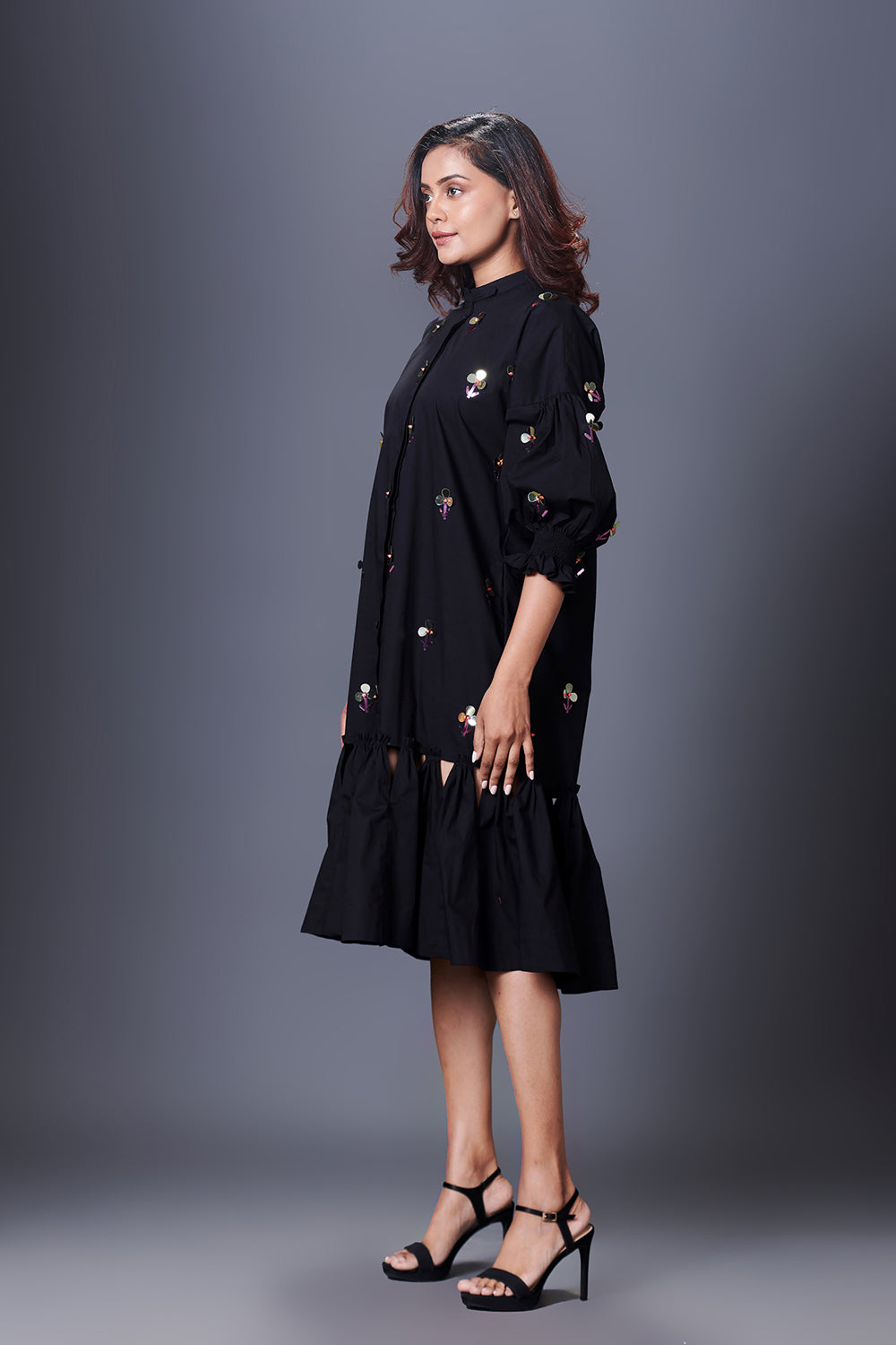 Black Hand Embroidered Chinese Collar Puffed Sleeve Dress - Auraya Fashion -  - #tag1# - #tag2# - #tag3# - #tag3#