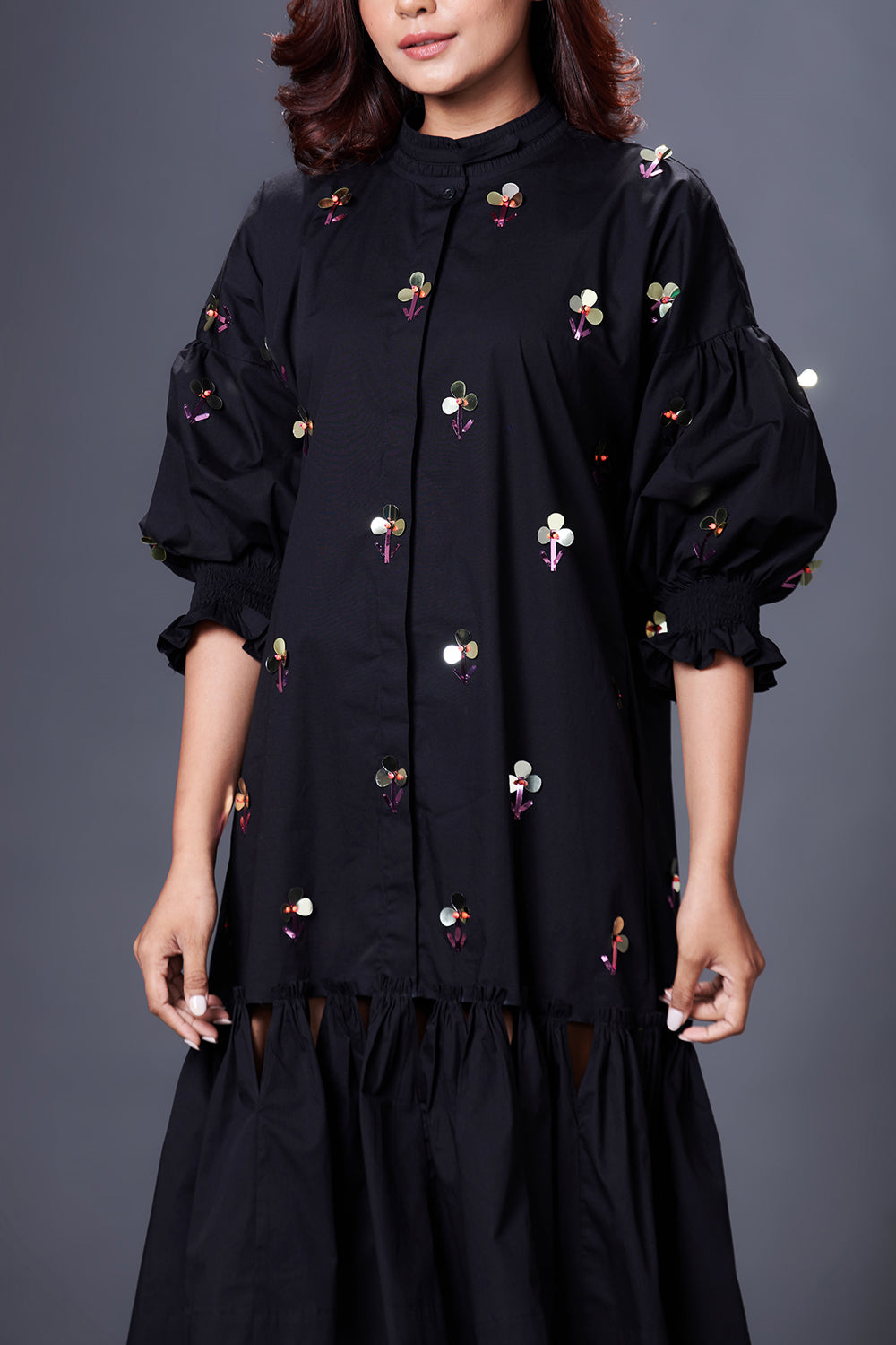 Black Hand Embroidered Chinese Collar Puffed Sleeve Dress - Auraya Fashion -  - #tag1# - #tag2# - #tag3# - #tag3#