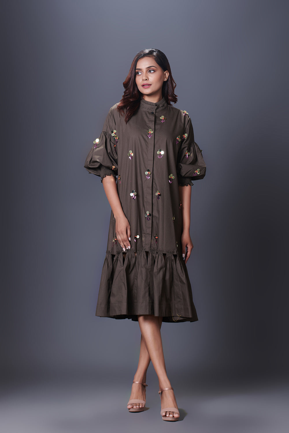 Olive Green Hand Embroidered Chinese Collar Puffed Sleeve Dress - Auraya Fashion - Deepika Arora - #tag1# - #tag2# - #tag3# - #tag3#