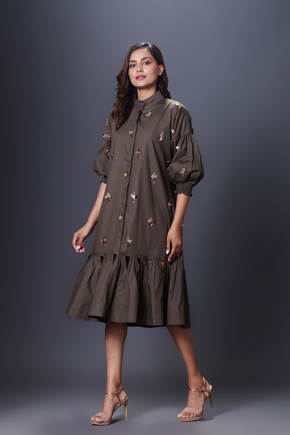 Olive Green Hand Embroidered Chinese Collar Puffed Sleeve Dress - Auraya Fashion -  - #tag1# - #tag2# - #tag3# - #tag3#