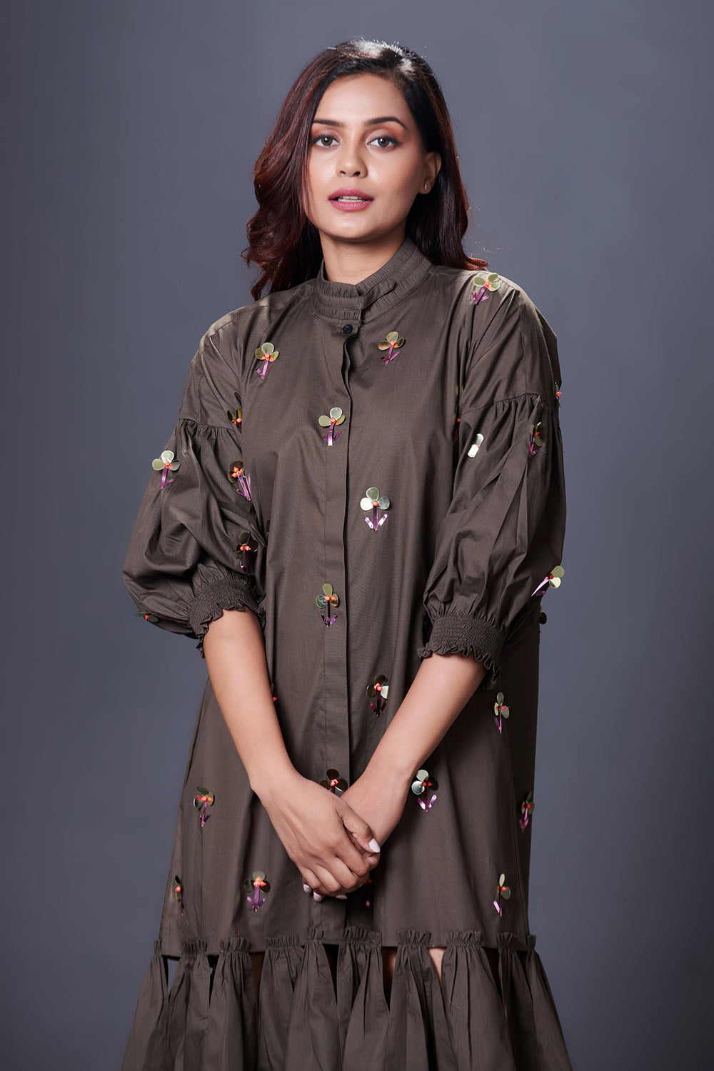 Olive Green Hand Embroidered Chinese Collar Puffed Sleeve Dress - Auraya Fashion -  - #tag1# - #tag2# - #tag3# - #tag3#