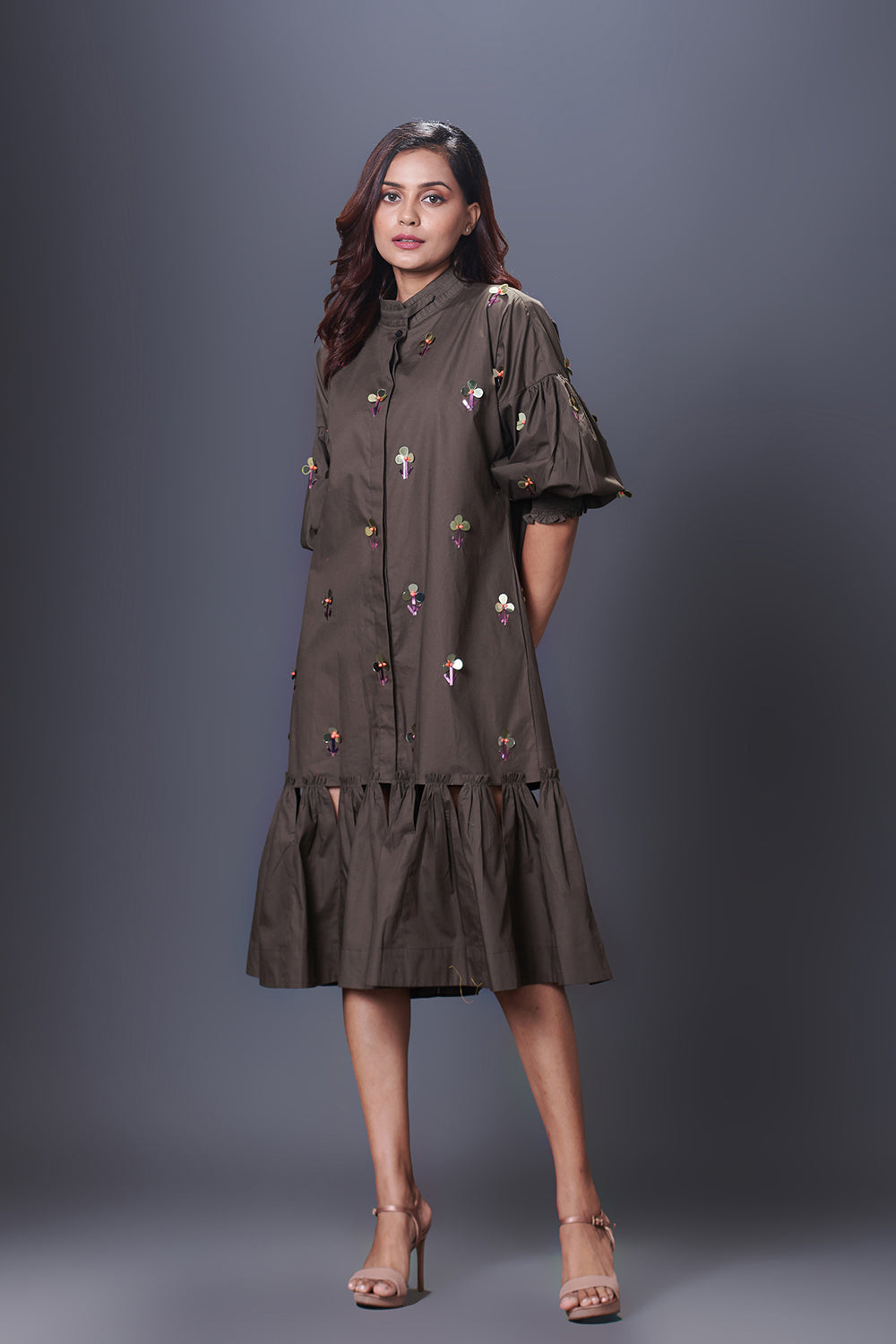 Olive Green Hand Embroidered Chinese Collar Puffed Sleeve Dress - Auraya Fashion -  - #tag1# - #tag2# - #tag3# - #tag3#