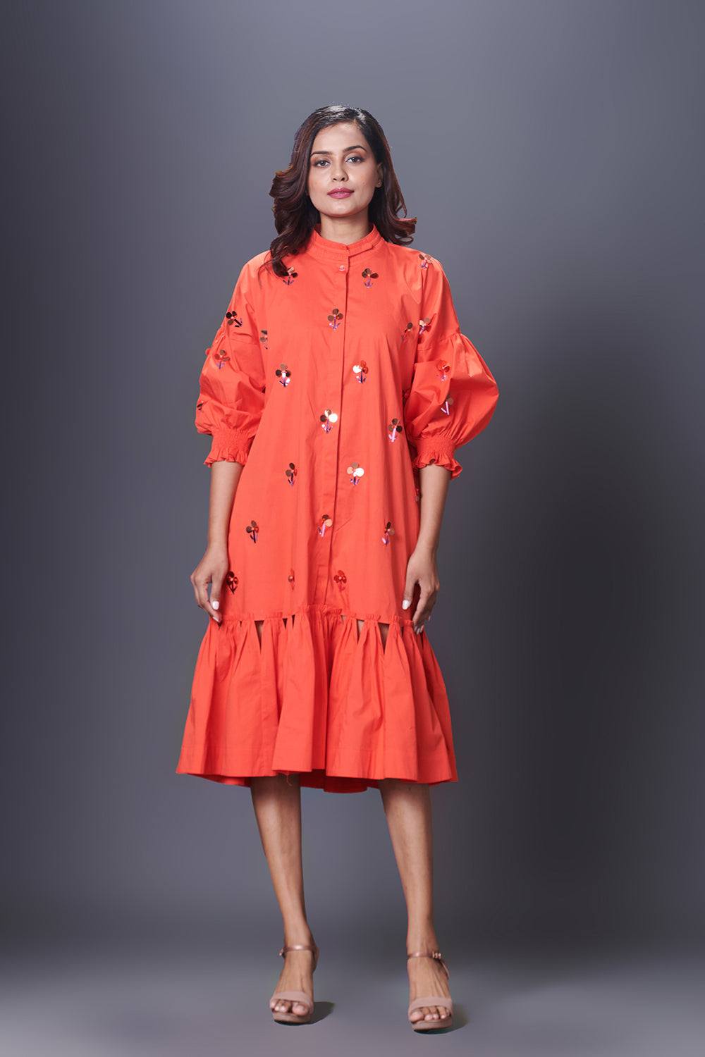 Orange Hand Embroidered Chinese Collar Puffed Sleeve Dress - Auraya Fashion - Deepika Arora - #tag1# - #tag2# - #tag3# - #tag3#