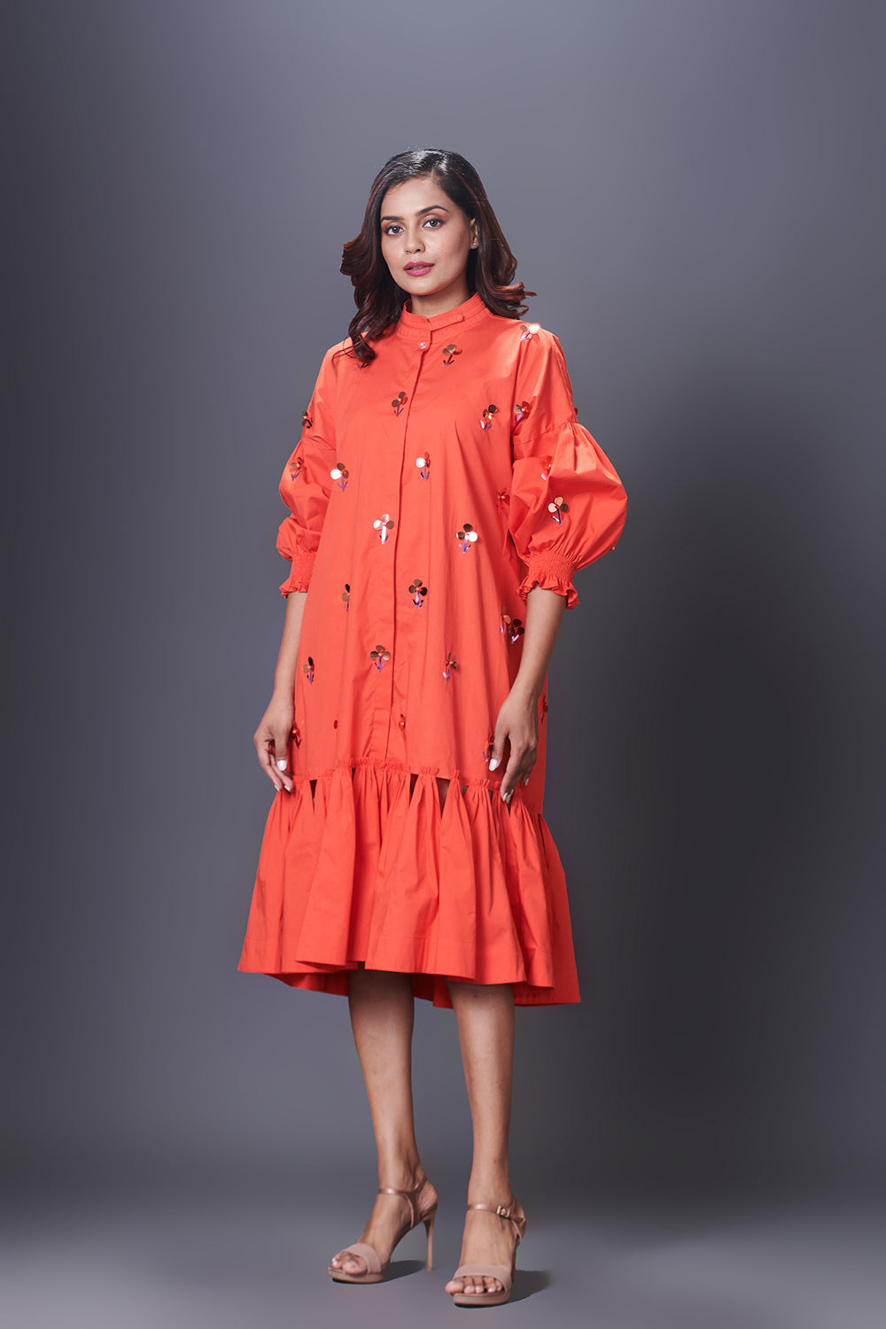 Orange Hand Embroidered Chinese Collar Puffed Sleeve Dress - Auraya Fashion -  - #tag1# - #tag2# - #tag3# - #tag3#