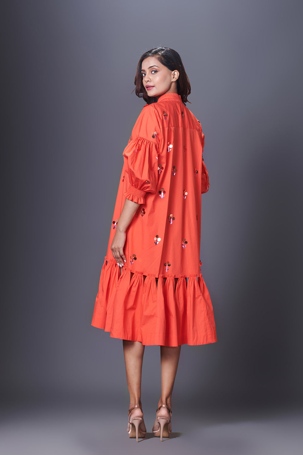 Orange Hand Embroidered Chinese Collar Puffed Sleeve Dress - Auraya Fashion -  - #tag1# - #tag2# - #tag3# - #tag3#