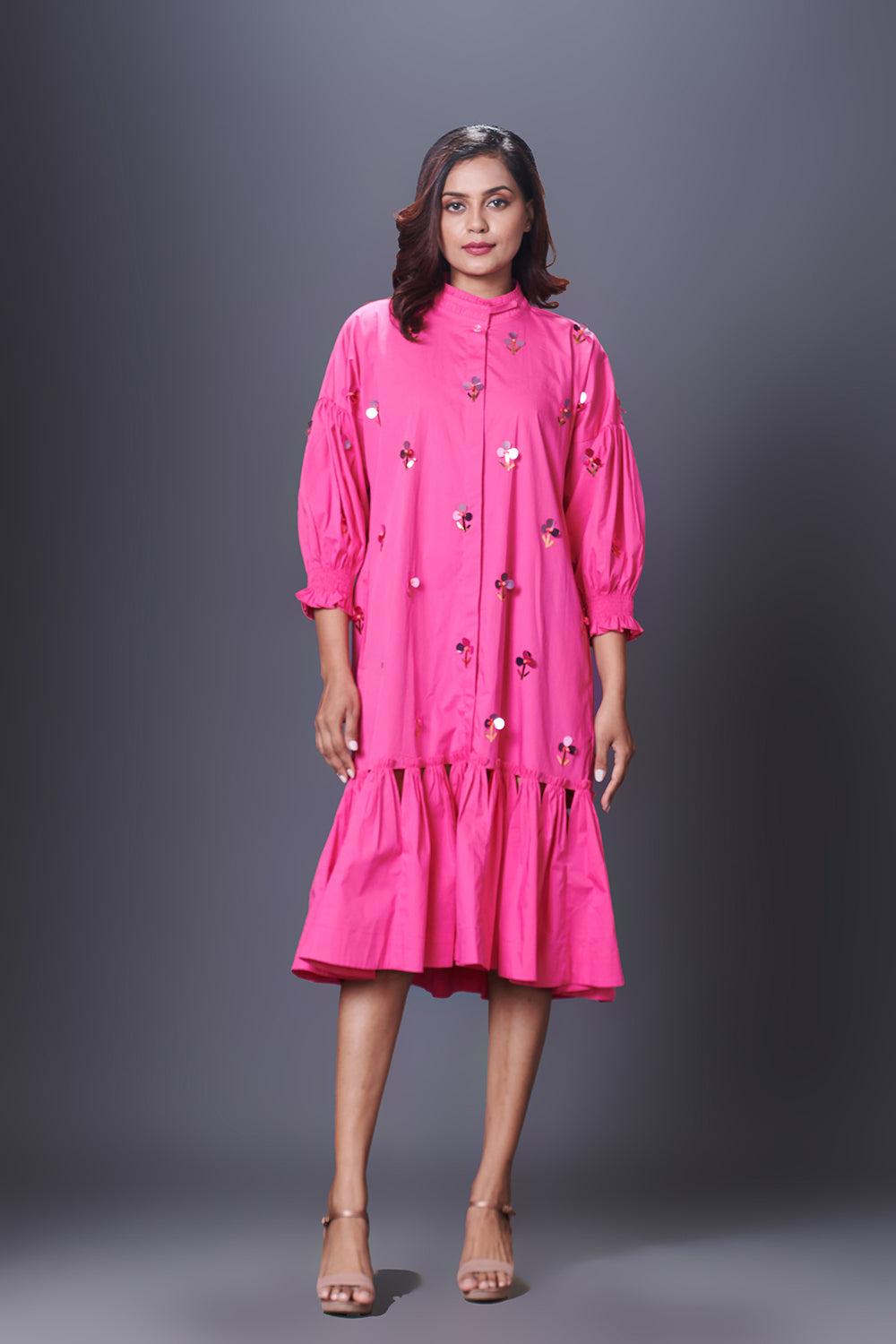 Pink Hand Embroidered Chinese Collar Puffed Sleeve Dress