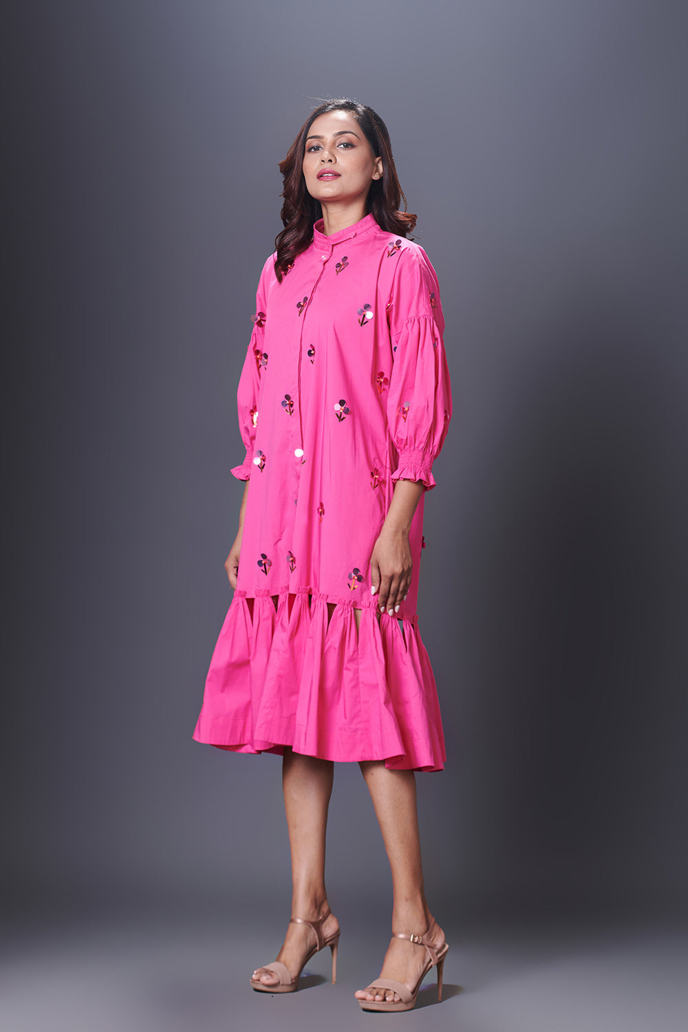 Pink Hand Embroidered Chinese Collar Puffed Sleeve Dress