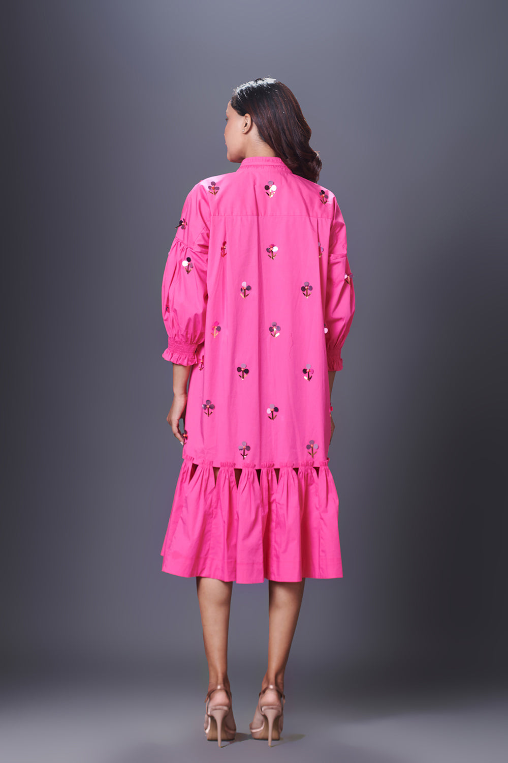 Pink Hand Embroidered Chinese Collar Puffed Sleeve Dress