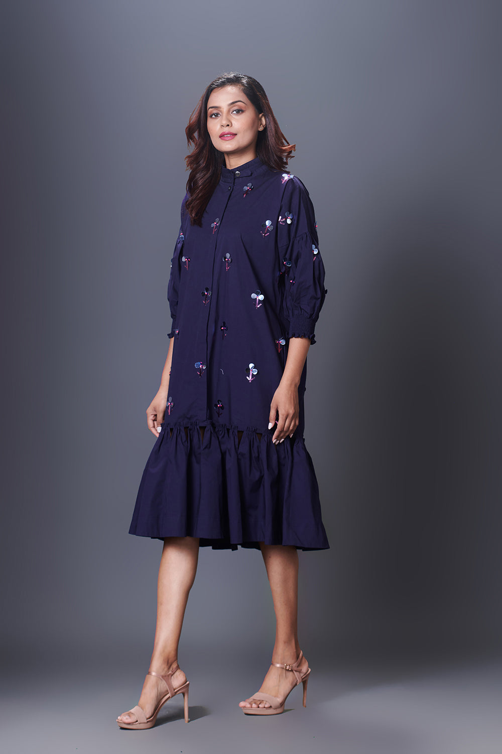 Purple Hand Embroidered Chinese Collar Puffed Sleeve Dress - Auraya Fashion -  - #tag1# - #tag2# - #tag3# - #tag3#