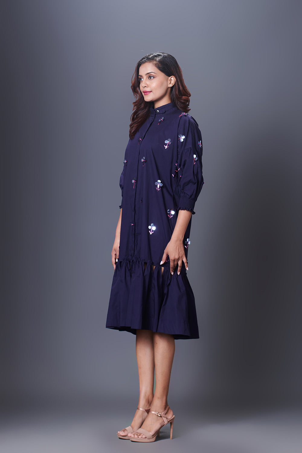 Purple Hand Embroidered Chinese Collar Puffed Sleeve Dress - Auraya Fashion -  - #tag1# - #tag2# - #tag3# - #tag3#