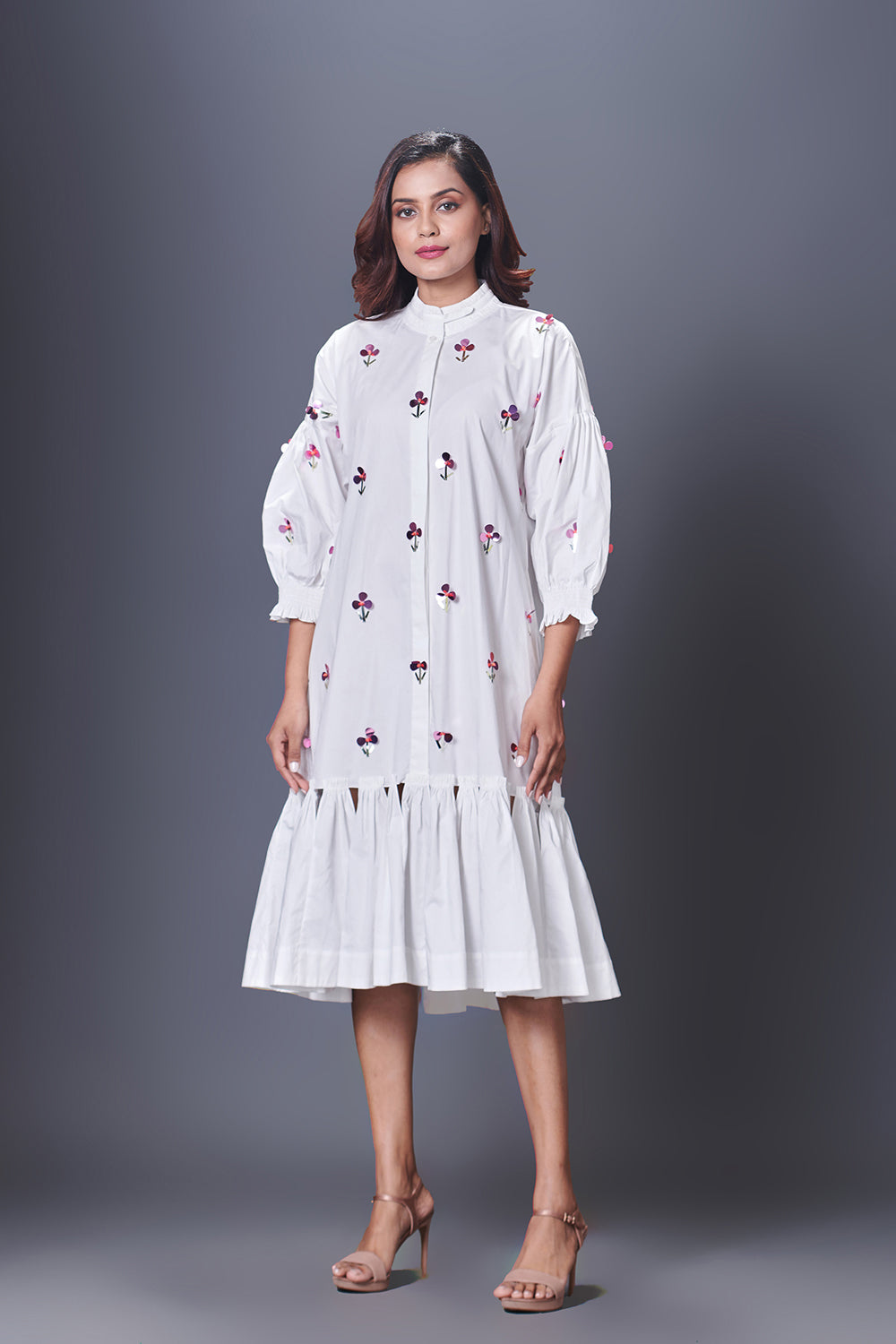 White Hand Embroidered Chinese Collar Puffed Sleeve Dress