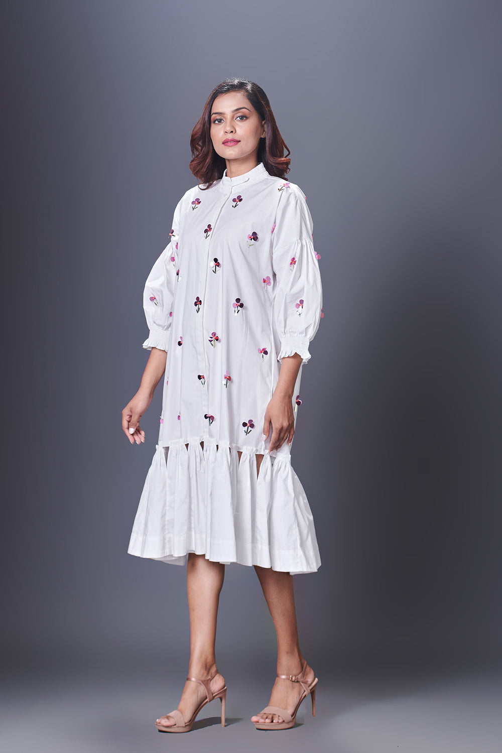 White Hand Embroidered Chinese Collar Puffed Sleeve Dress