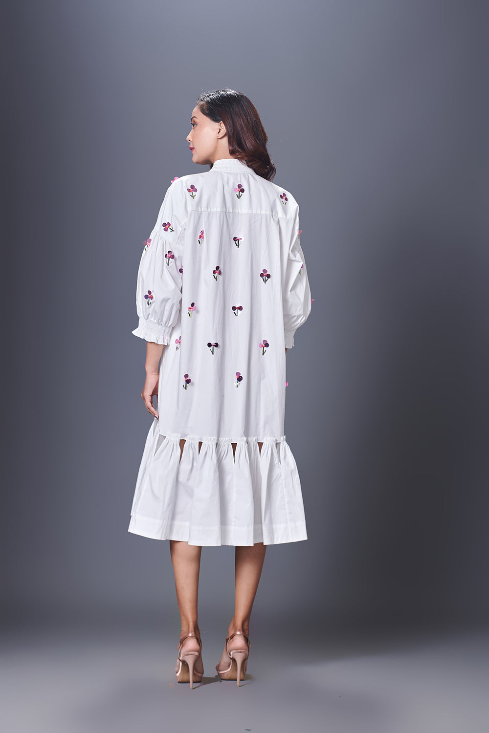 White Hand Embroidered Chinese Collar Puffed Sleeve Dress