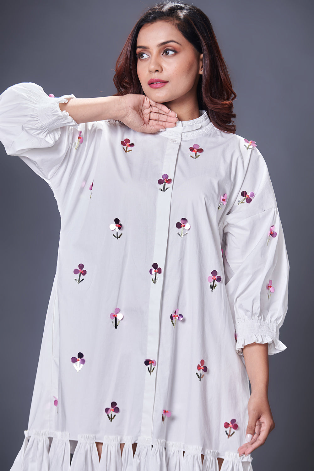 White Hand Embroidered Chinese Collar Puffed Sleeve Dress