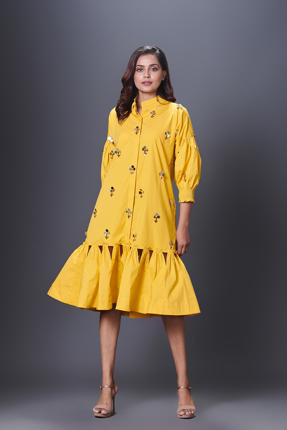 Yellow Hand Embroidered Chinese Collar Puffed Sleeve Dress