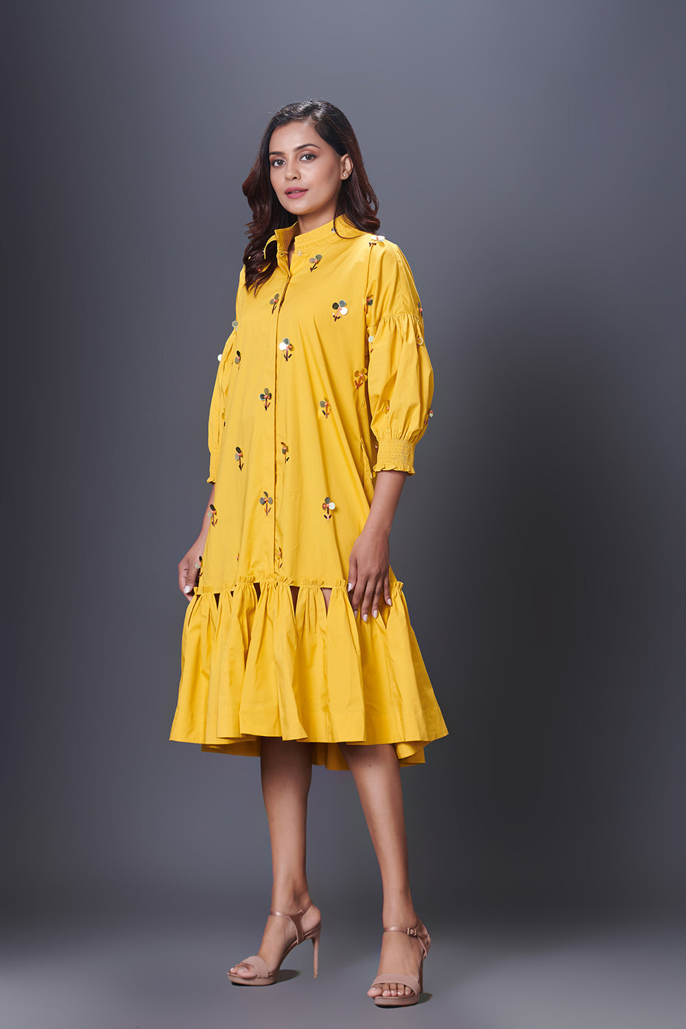 Yellow Hand Embroidered Chinese Collar Puffed Sleeve Dress