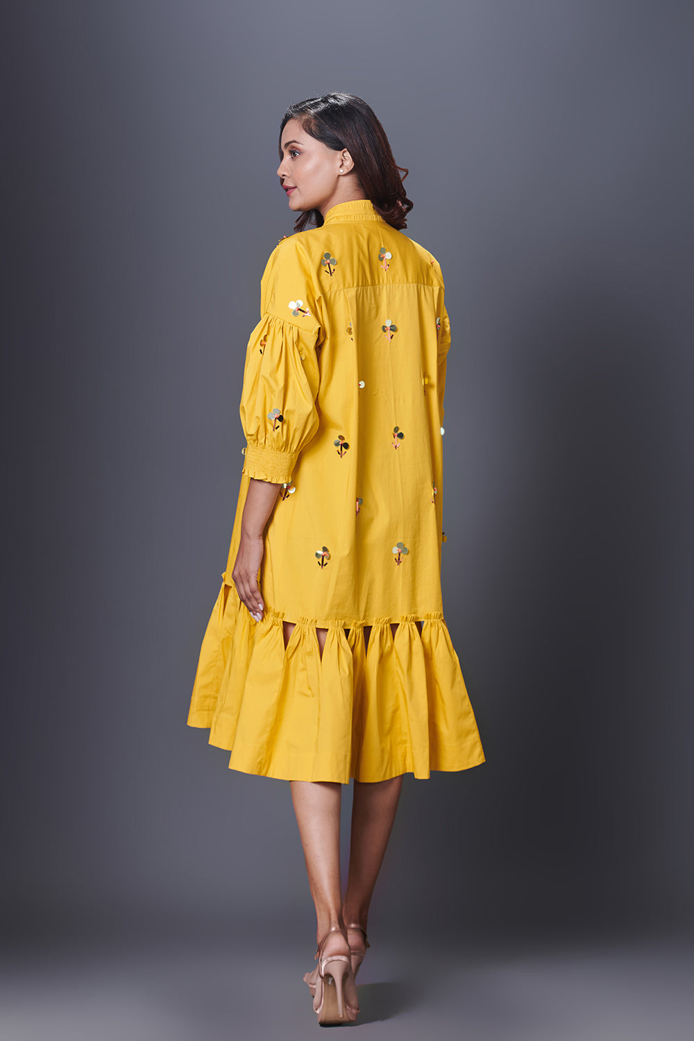 Yellow Hand Embroidered Chinese Collar Puffed Sleeve Dress