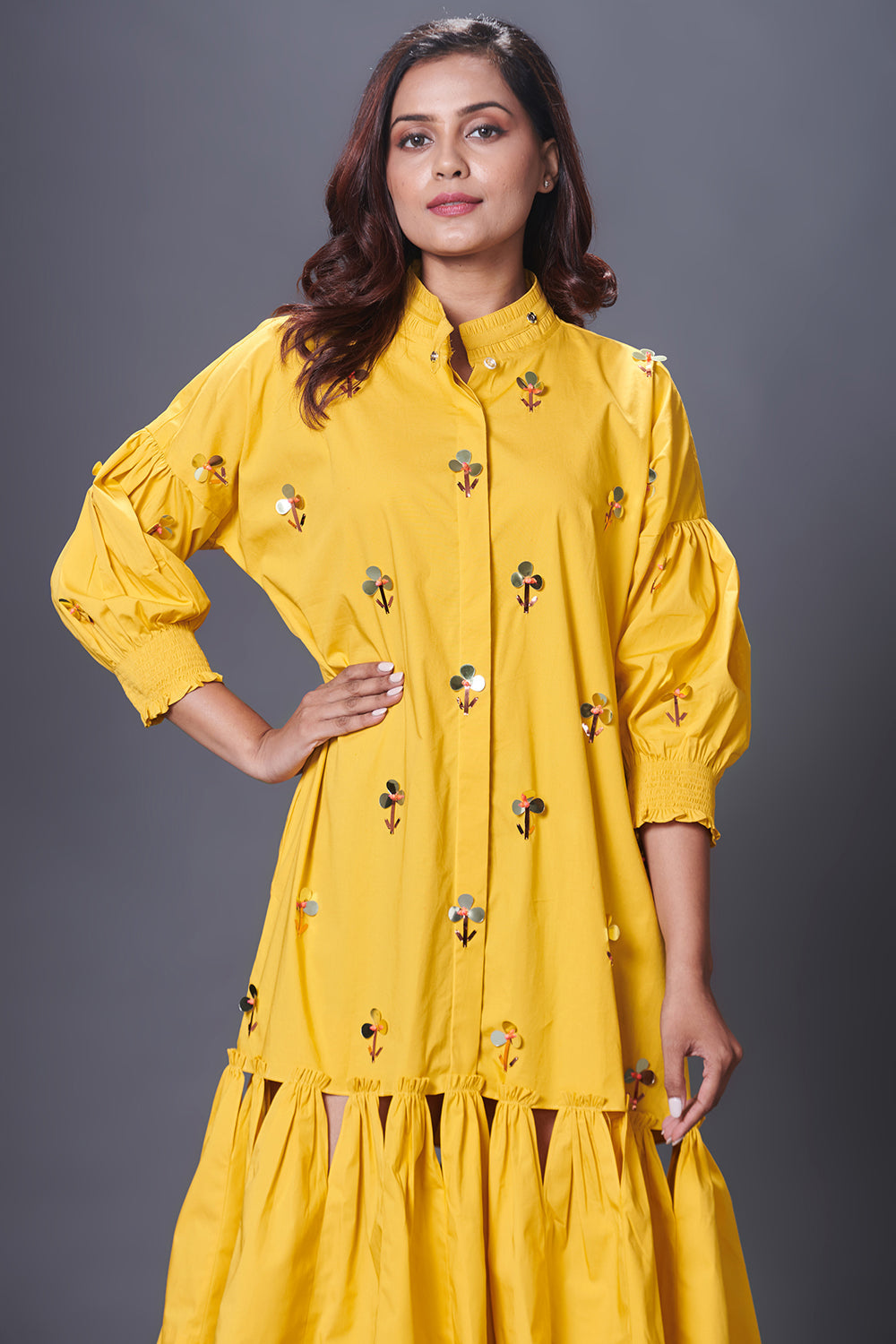 Yellow Hand Embroidered Chinese Collar Puffed Sleeve Dress