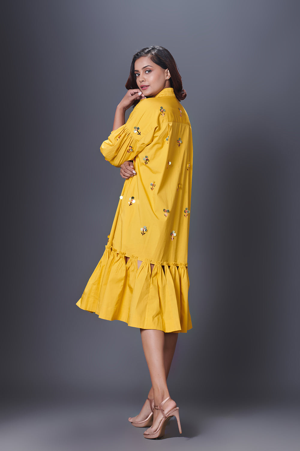 Yellow Hand Embroidered Chinese Collar Puffed Sleeve Dress