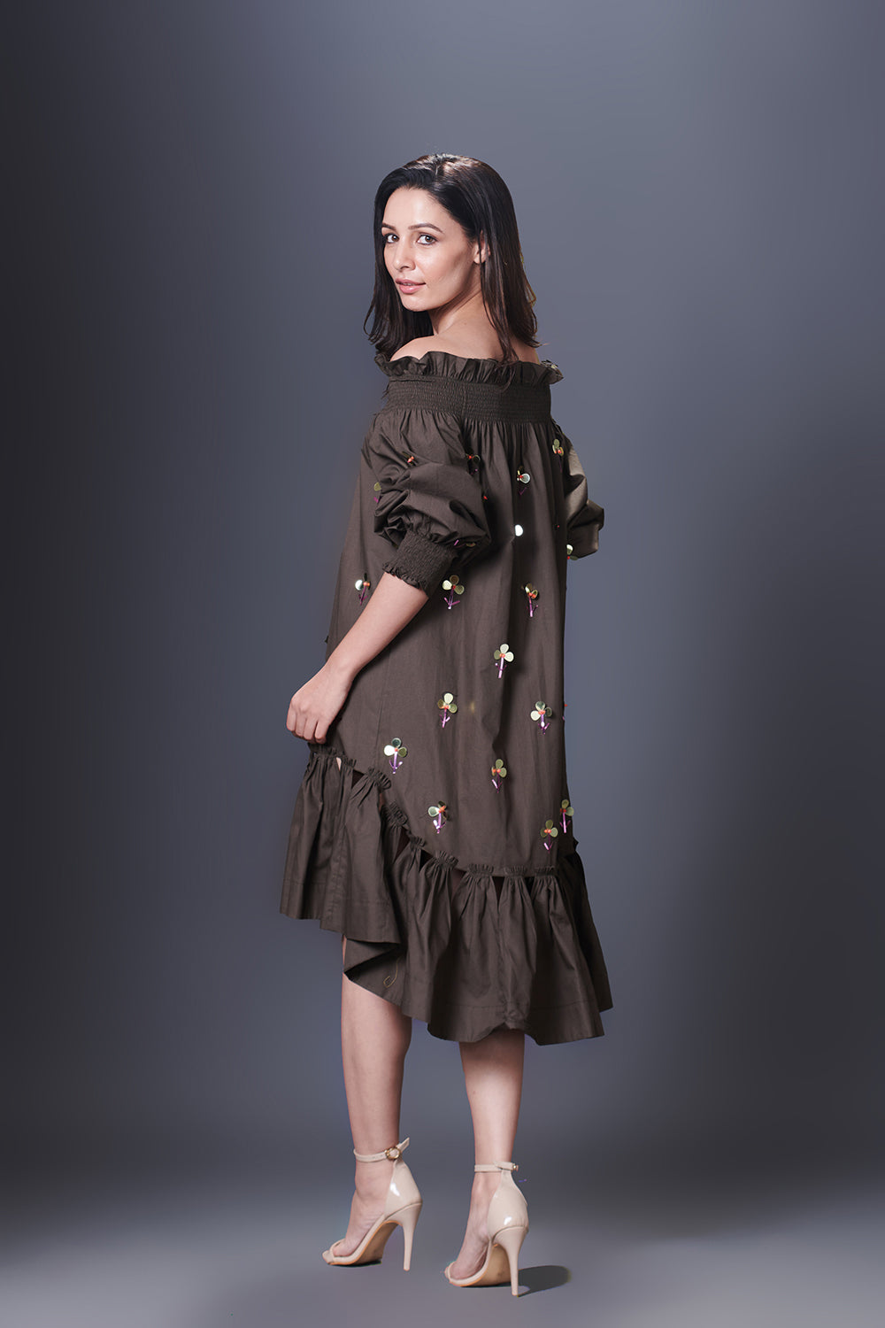 Olive Green Hand Embroidered Off-Shoulder High-Low Dress Comes With Belt - Auraya Fashion -  - #tag1# - #tag2# - #tag3# - #tag3#