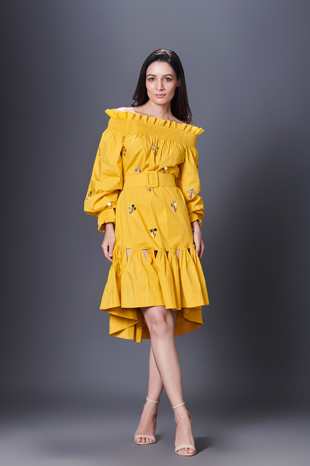 Yellow Hand Embroidered Off-Shoulder High-Low Dress Comes With Belt