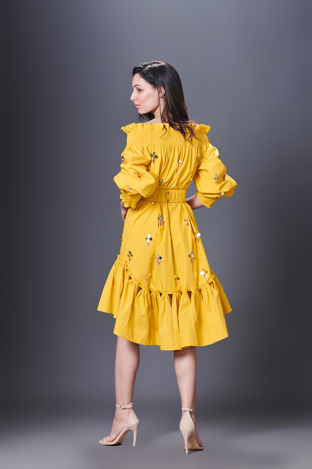 Yellow Hand Embroidered Off-Shoulder High-Low Dress Comes With Belt