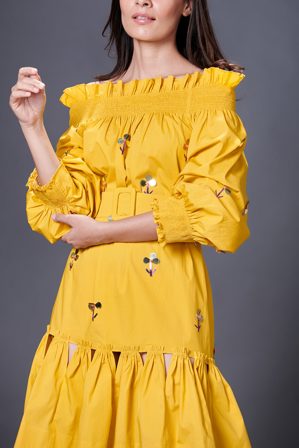 Yellow Hand Embroidered Off-Shoulder High-Low Dress Comes With Belt