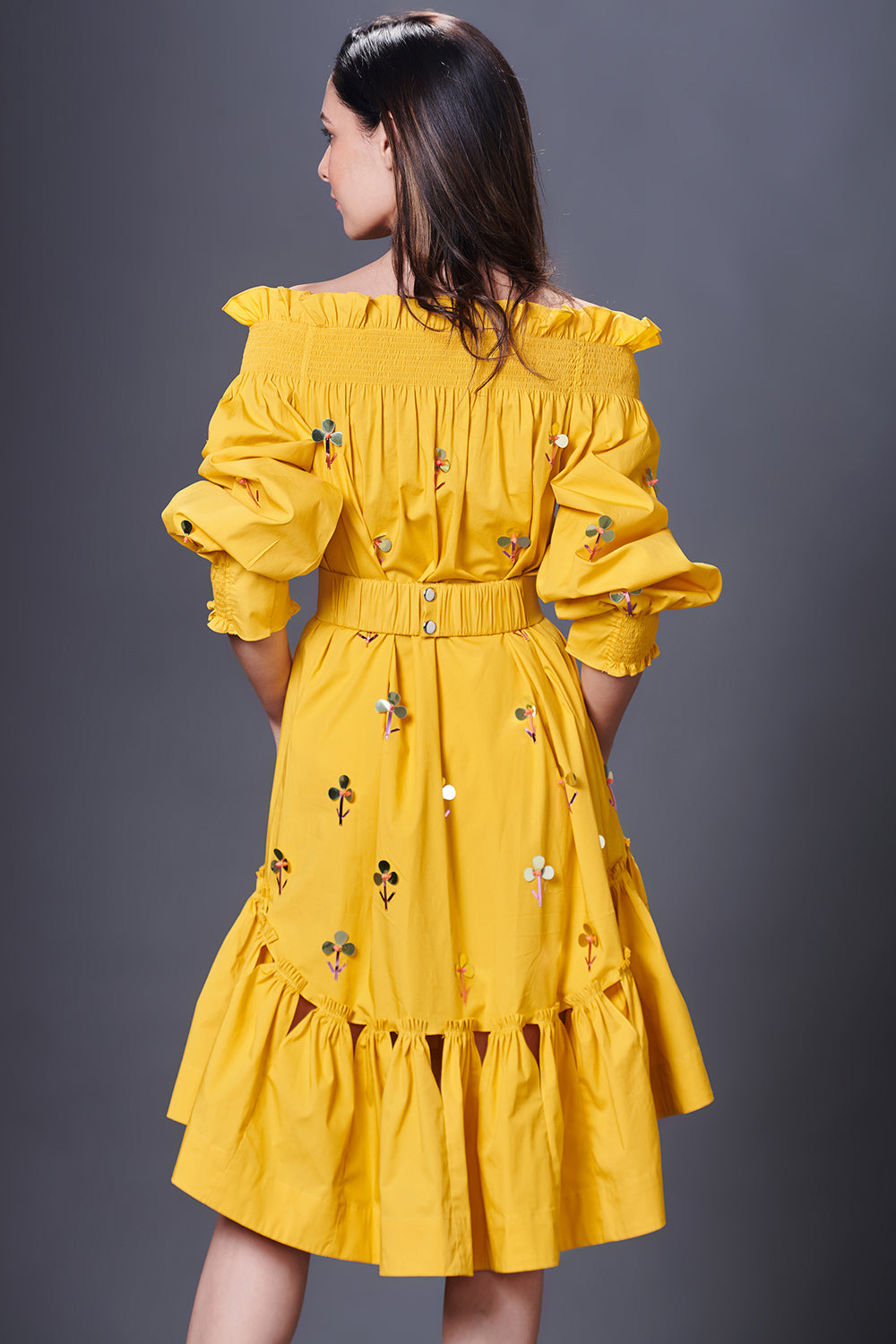 Yellow Hand Embroidered Off-Shoulder High-Low Dress Comes With Belt