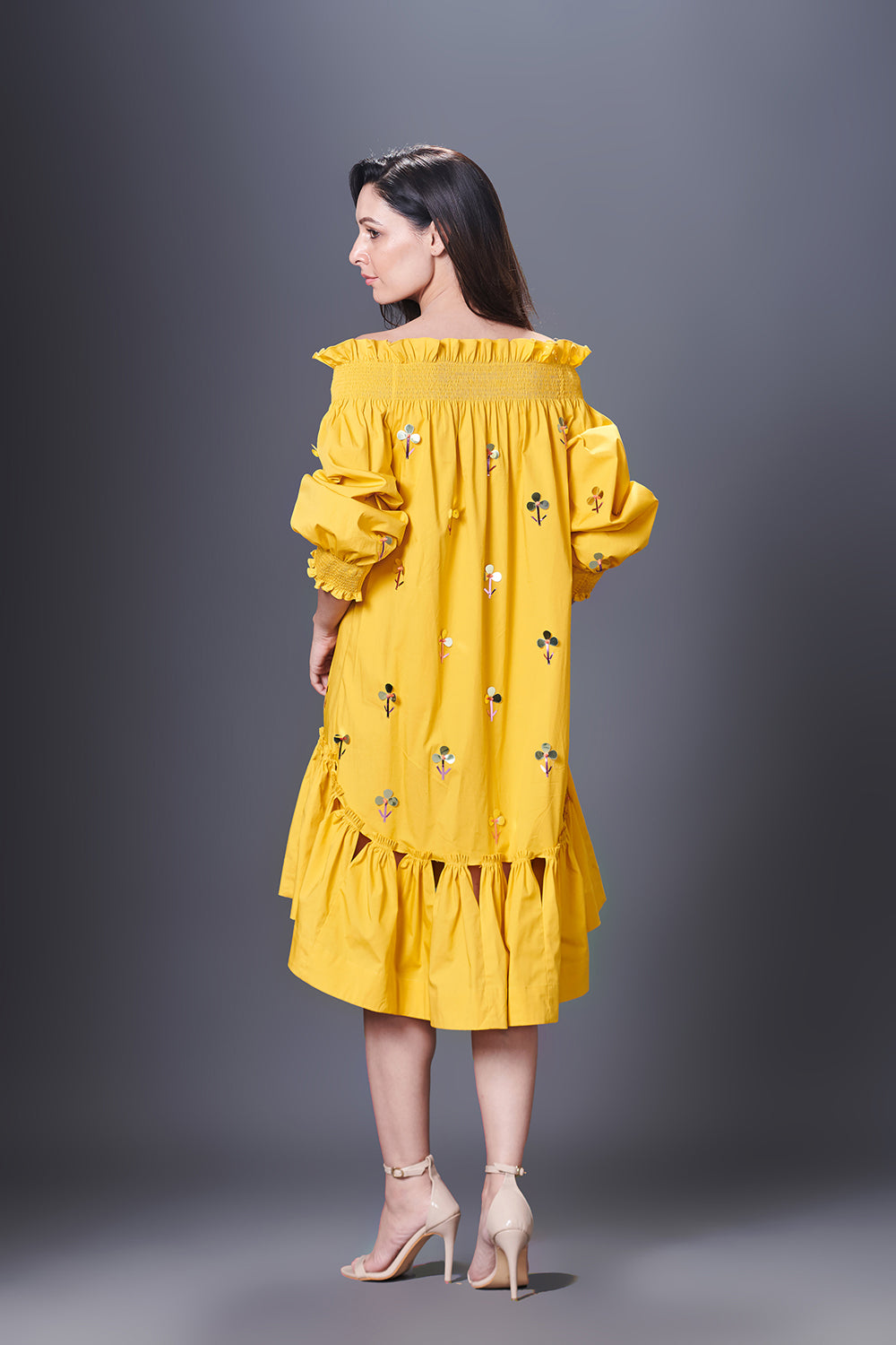 Yellow Hand Embroidered Off-Shoulder High-Low Dress Comes With Belt