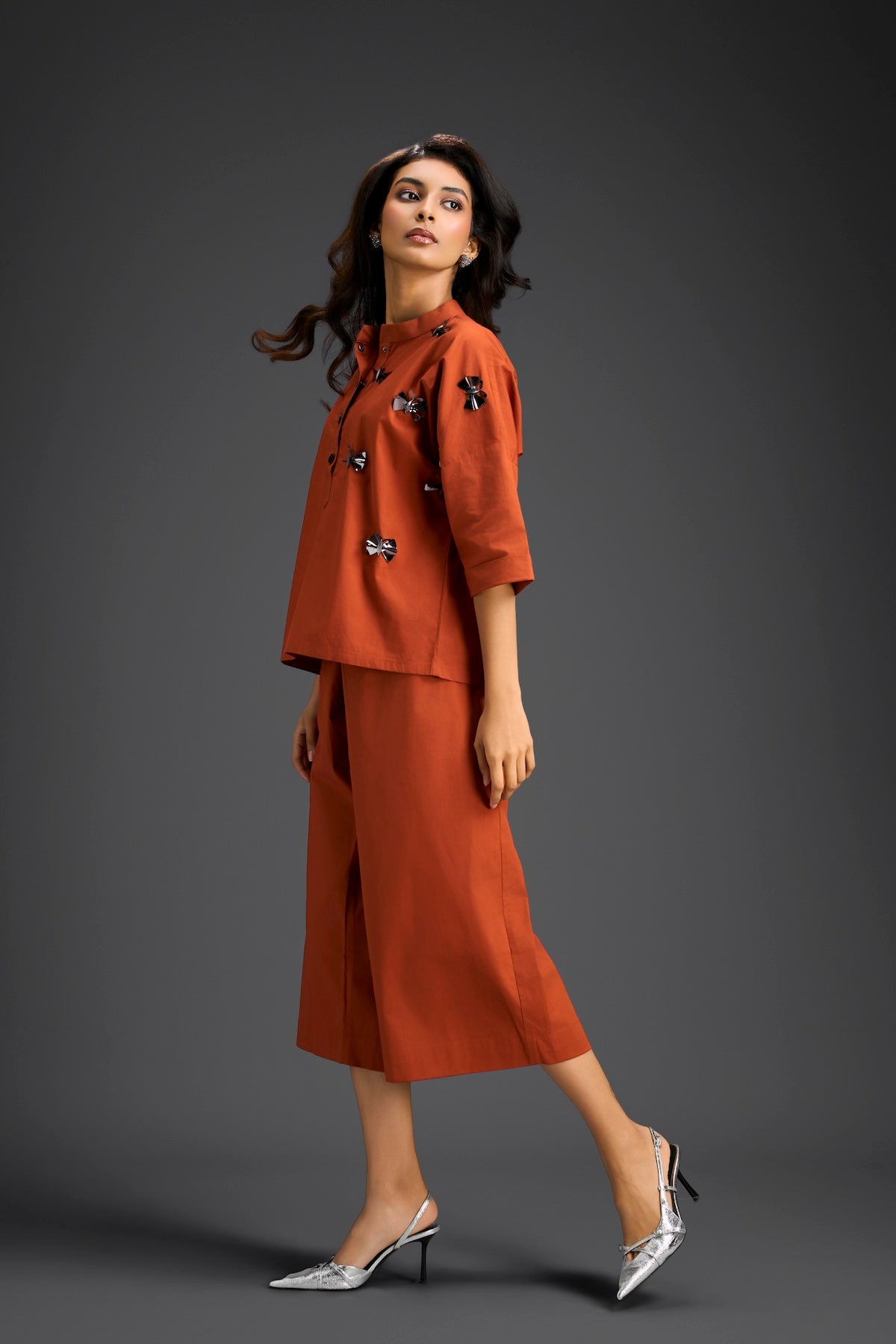 Rust Butterfly Embellished Half-Placket Top & Wide-Leg Culottes Set