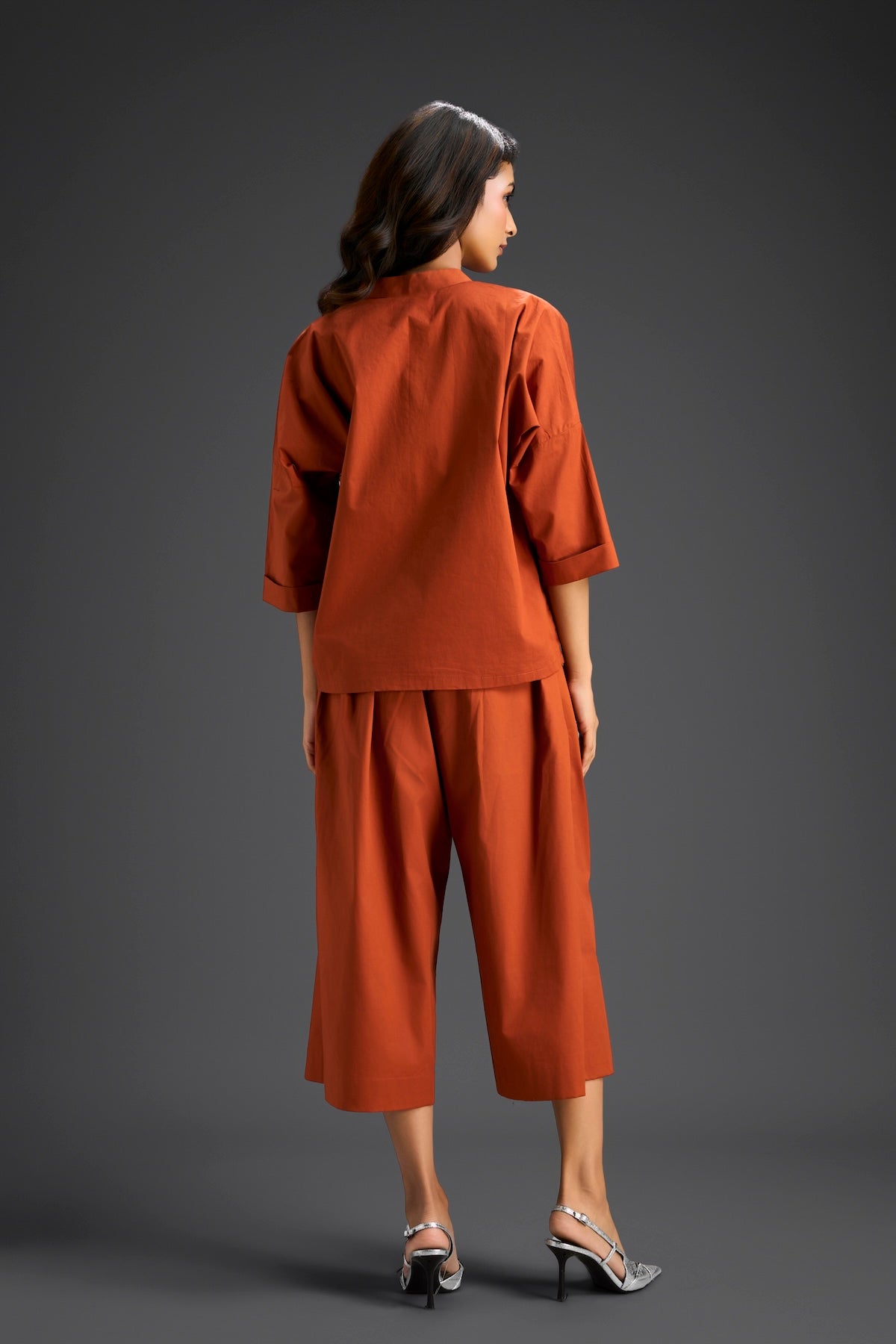 Rust Butterfly Embellished Half-Placket Top & Wide-Leg Culottes Set