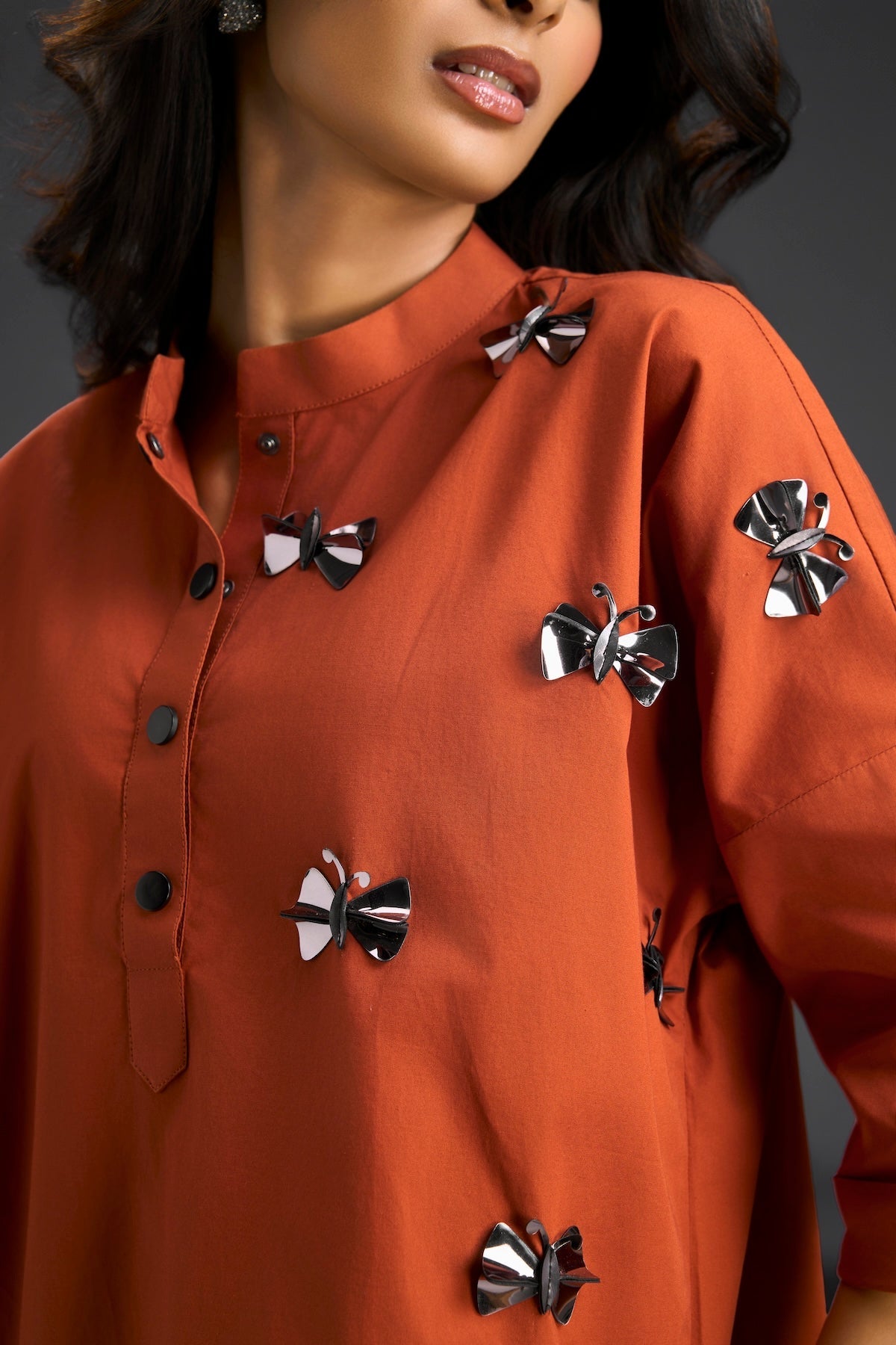Rust Butterfly Embellished Half-Placket Top & Wide-Leg Culottes Set