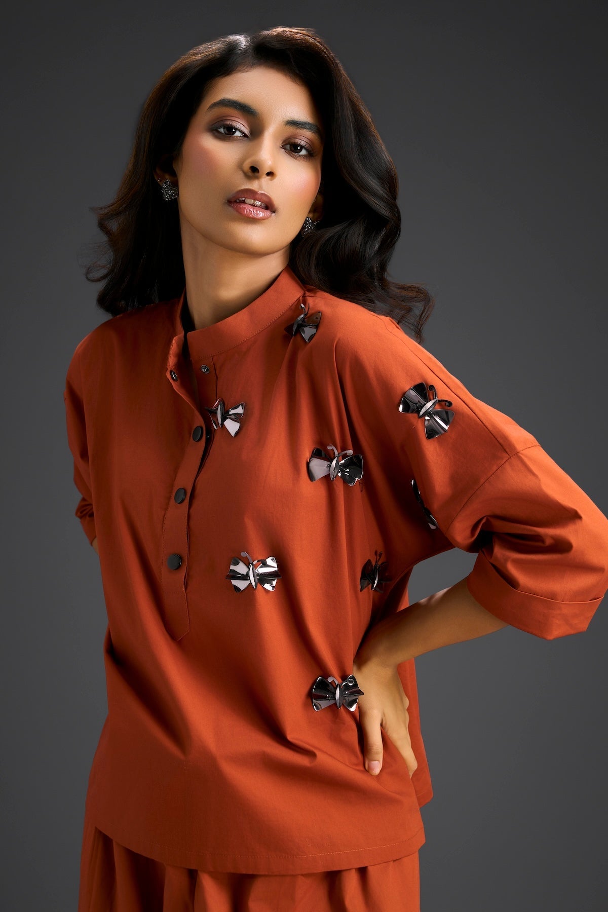 Rust Butterfly Embellished Half-Placket Top & Wide-Leg Culottes Set