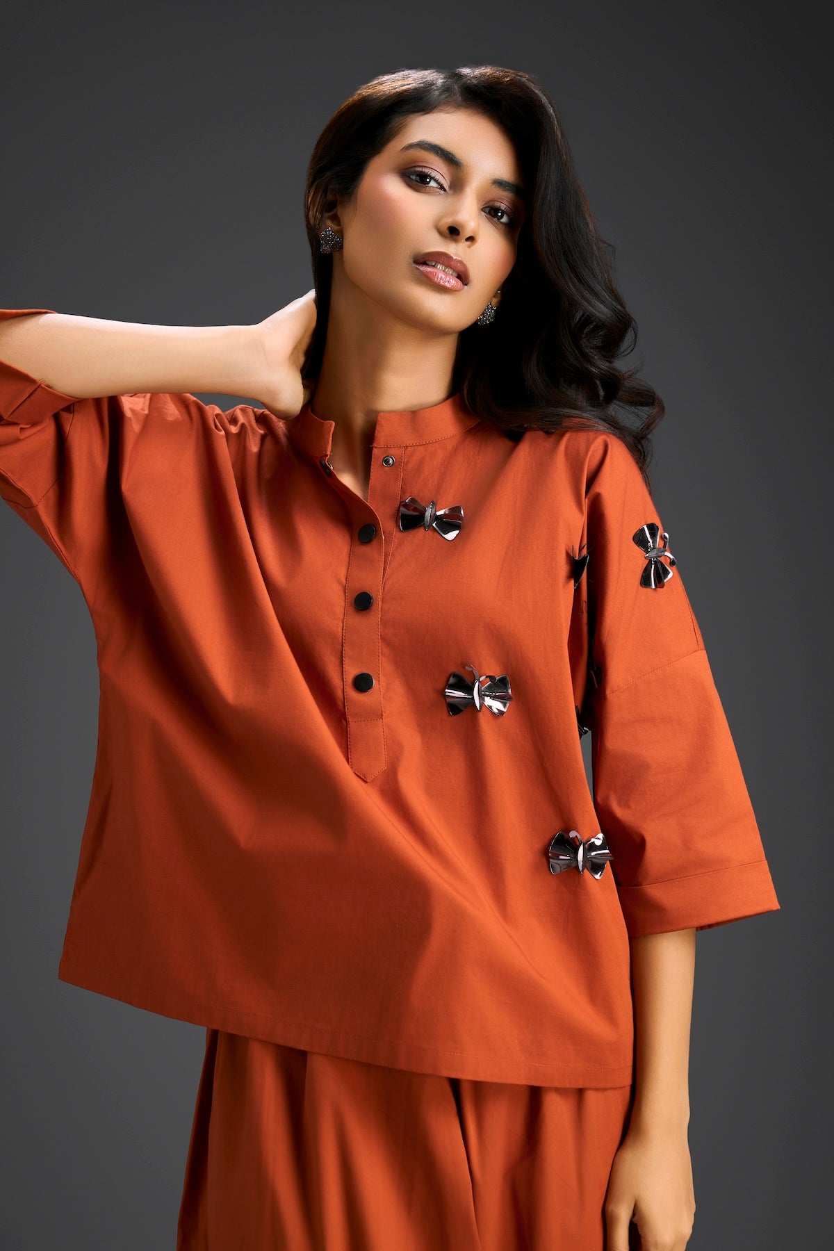 Rust Butterfly Embellished Half-Placket Top & Wide-Leg Culottes Set
