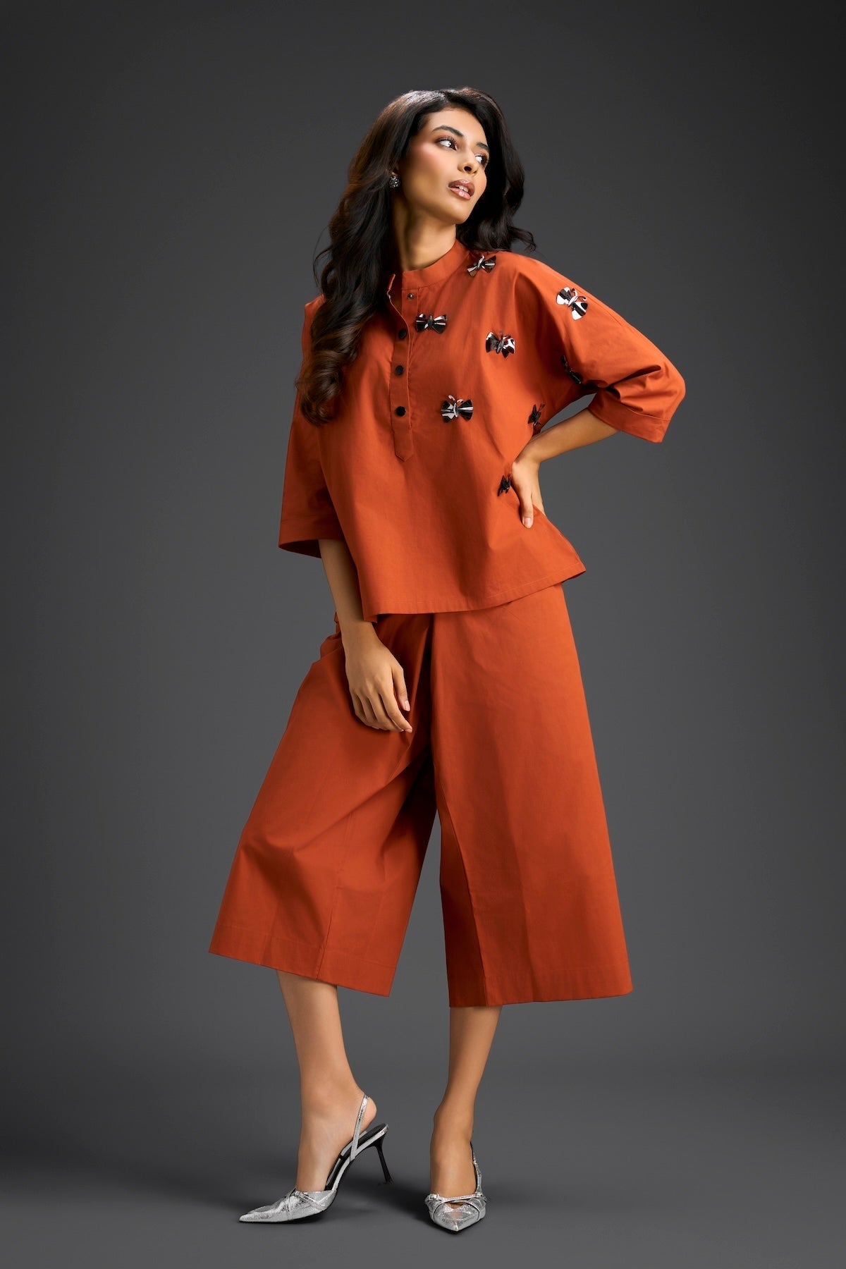 Rust Butterfly Embellished Half-Placket Top & Wide-Leg Culottes Set
