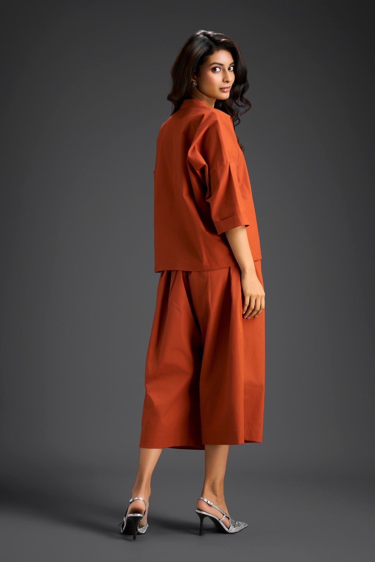 Rust Butterfly Embellished Half-Placket Top & Wide-Leg Culottes Set