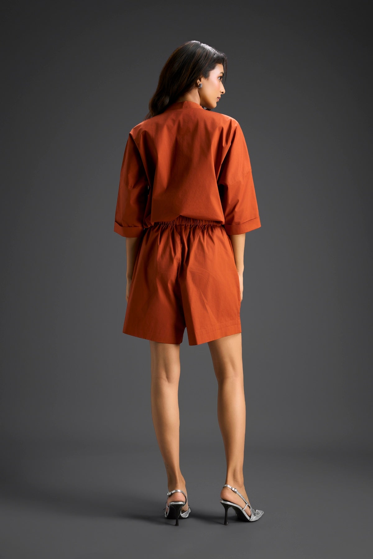 Rust Butterfly Embellished Half-Placket Top & Shorts Set
