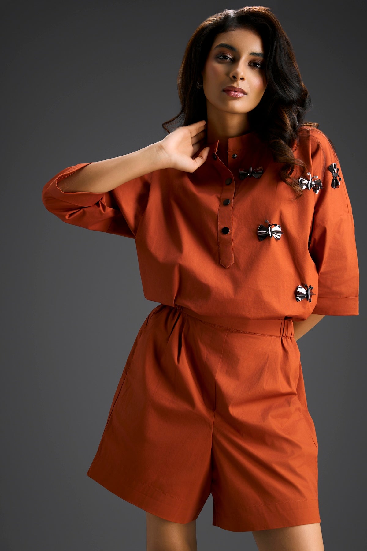 Rust Butterfly Embellished Half-Placket Top & Shorts Set