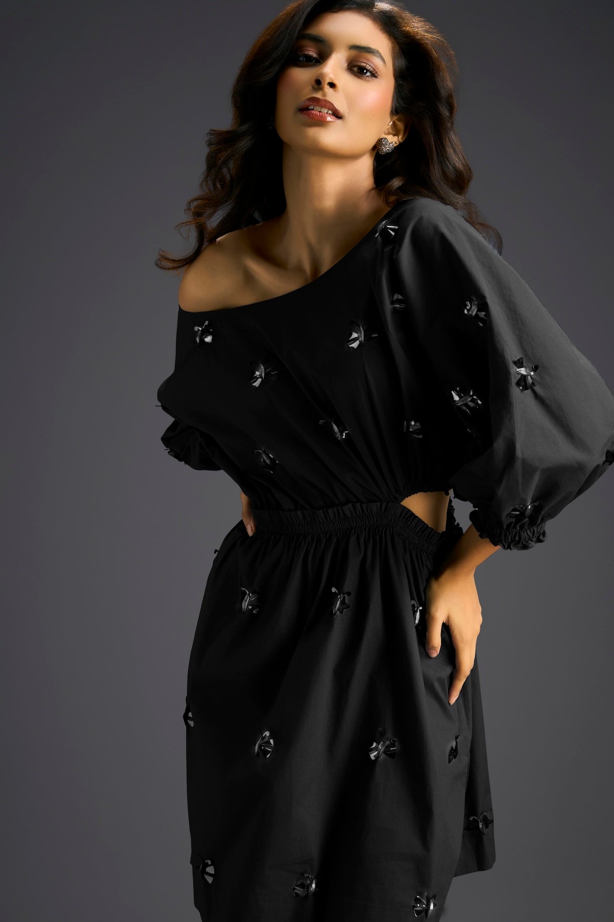 Black Off-Shoulder Dress with Butterfly Embellishments